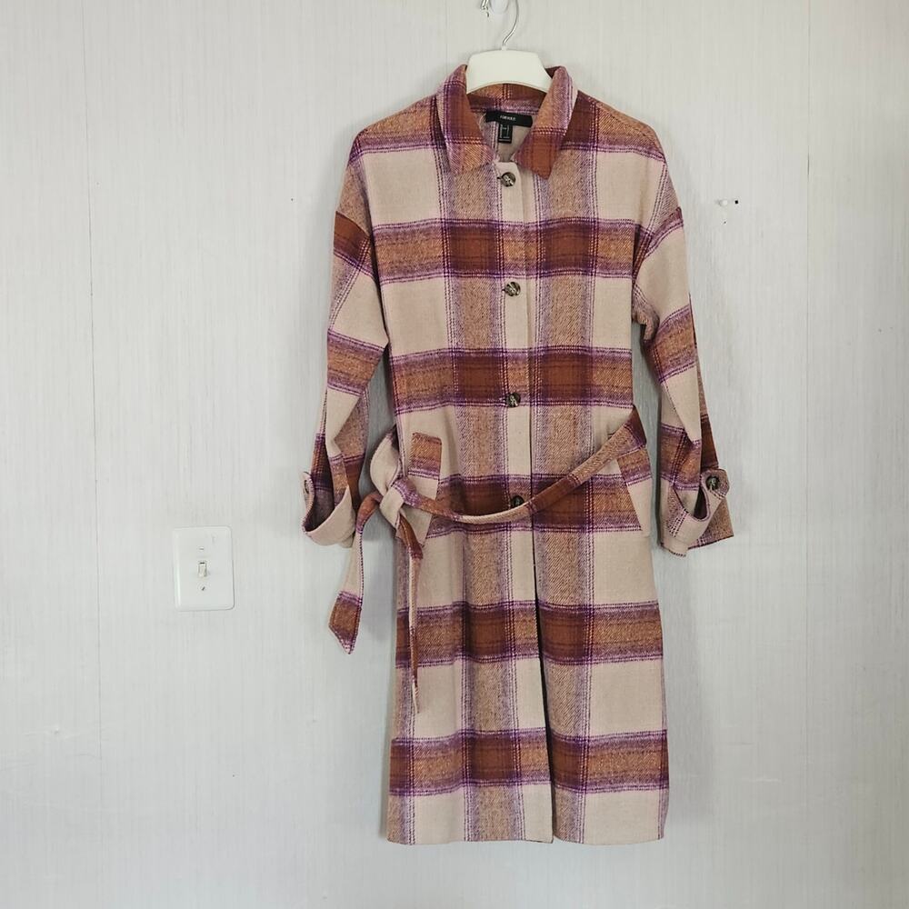 Forever 21 Long Line Plaid Jacket Belted Sz L - Picture 3 of 12